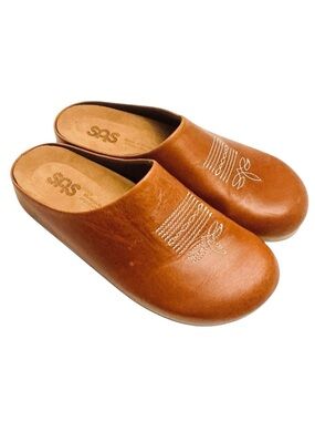SAS Hinny Chestnut Brown Leather Slip On Mule Clog Casual Comfort Shoe Size 7